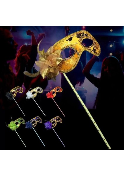 Lüks Taşlı Saplı Maskeli Balo Maskesi Altın Renk 35 cm