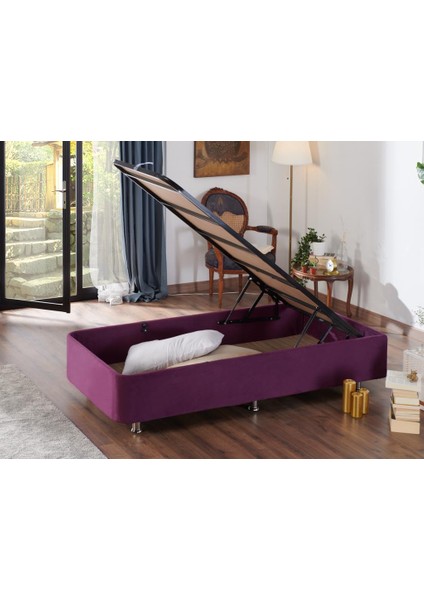 Niron Purple Baza ve Başlık Seti - 80x180 cm Tek Kişilik Sandıklı Mor Kumaş Baza ve Başlığı