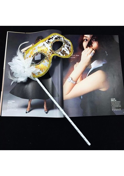 Lüks Taşlı Saplı Maskeli Balo Maskesi Beyaz Renk 35 cm