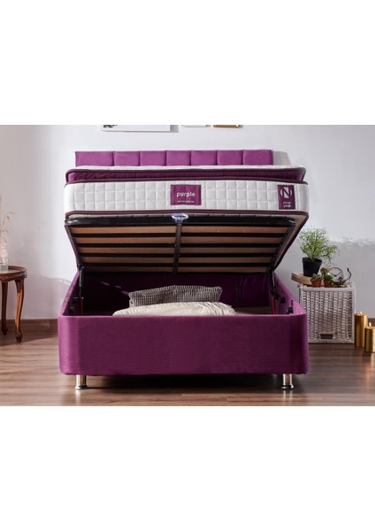 Niron Purple Baza ve Başlık Seti 120x200 cm Tek Kişilik Sandıklı Mor Kumaş Baza ve Başlığı