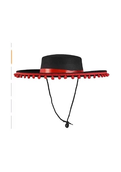 Kırmızı Ponponlu Siyah Renk Çocuk Ispanyol Şapkası