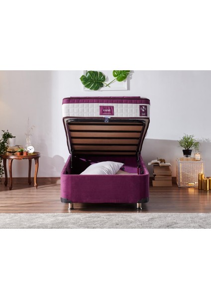 Niron Violet Baza ve Başlık Seti - 90X190 cm Tek Kişilik Sandıklı Mor Kumaş Baza ve Başlığı