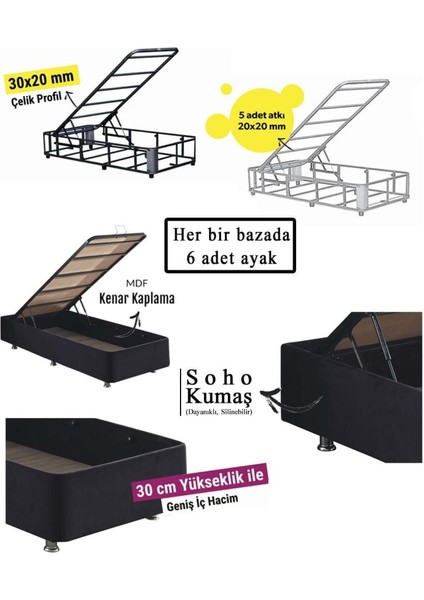 Niron Ela Baza ve Başlık Seti - 80x180 cm Tek Kişilik Siyah Kumaş Baza ve Başlığı Silinebilir Soho Kumaş