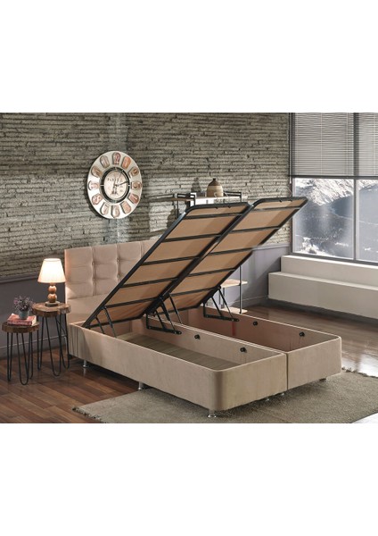 Niron Ela Baza ve Başlık Seti 180x200 cm Çift Kişilik Sütlü Kahve Kumaş Baza ve Başlığı Soho Kumaş