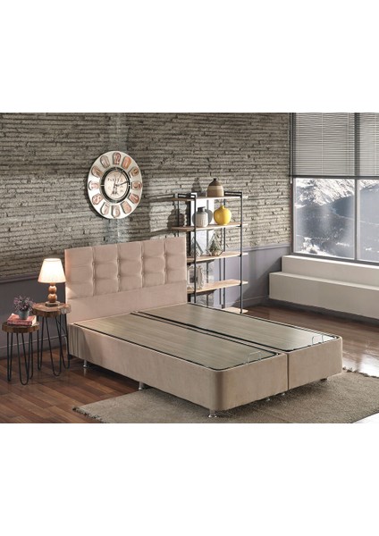 Niron Ela Baza ve Başlık Seti 180x200 cm Çift Kişilik Sütlü Kahve Kumaş Baza ve Başlığı Soho Kumaş