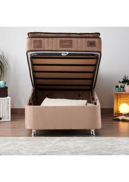 Niron Rama Baza ve Başlık Seti 100x200 cm Tek Kişilik Sütlü Kahve Kumaş Baza ve Başlığı Soho Kumaş