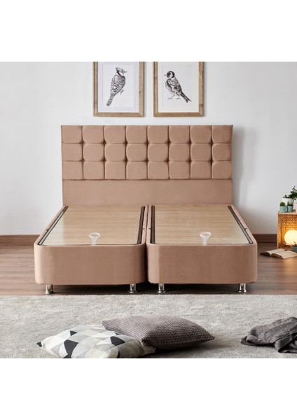 Niron Rama Baza ve Başlık Seti 140 x 190 cm Çift Kişilik Sütlü Kahve Metal Profil Baza ve Başlığı Soho Kumaş