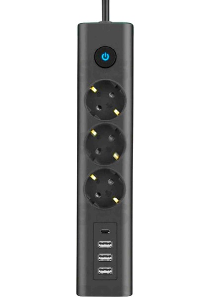 Siyah 3'lü Priz Akım Korumalı Isıya Dayanıklı Çocuk Kilitli Tasarım 3 USB Girişli 1 Type-C Girişli