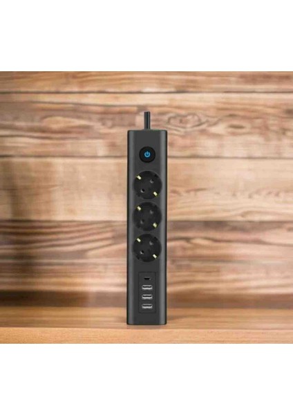 Siyah 3'lü Priz Akım Korumalı Isıya Dayanıklı Çocuk Kilitli Tasarım 3 USB Girişli 1 Type-C Girişli fırsatları