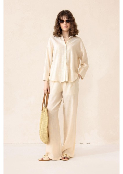 Naturel Look Gömlek Pantolon Salaş Takım Krem 9306-TK