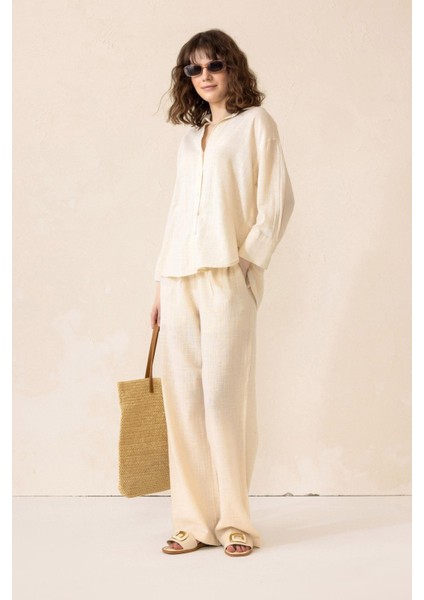 Naturel Look Gömlek Pantolon Salaş Takım Krem 9306-TK