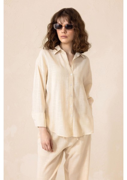 Naturel Look Gömlek Pantolon Salaş Takım Krem 9306-TK