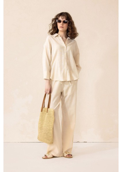 Naturel Look Gömlek Pantolon Salaş Takım Krem 9306-TK