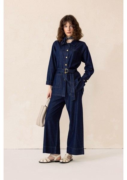 Beli Kuşaklı Ceket Pantolon Denim Ikili Takım Koyu Mavi 9293-TK