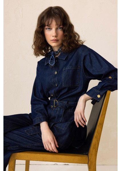 Beli Kuşaklı Ceket Pantolon Denim Ikili Takım Koyu Mavi 9293-TK