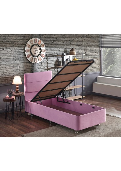 Pinky Baza ve Başlık - 90x190 cm Tek Kişilik Sandıklı Pembe Kumaş Baza ve Başlığı Silinebilir