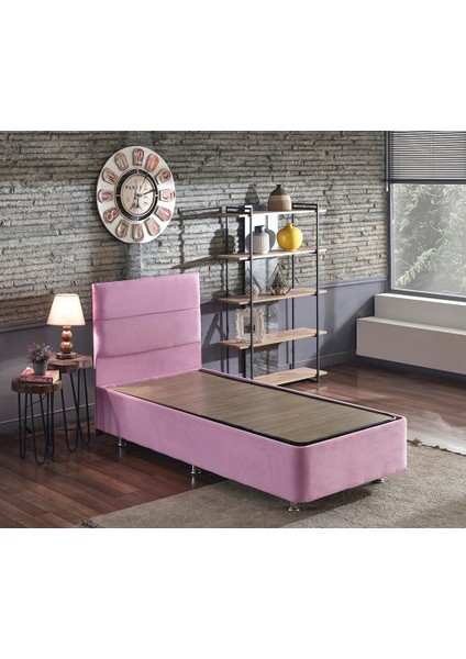 Pinky Baza ve Başlık - 90x190 cm Tek Kişilik Sandıklı Pembe Kumaş Baza ve Başlığı Silinebilir