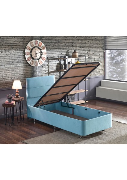 Cozy Baza ve Başlık - 90x190 cm Tek Kişilik Sandıklı Bebek Mavisi Kumaş Baza ve Başlığı Silinebilir