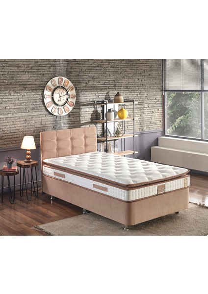 Niron Queen 120x200 Bir Buçuk Kişilik Pedli Yatak Seti Sütlü Kahve Kumaş Baza Başlık ve Yatak Takımı