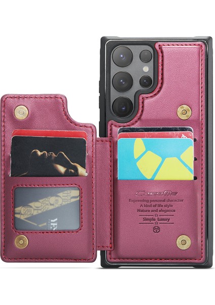 Samsung Galaxy S25 Ultra Kılıf Caseme C22 Serisi Deri+Tpu Kapak Rfıd Engelleme 5 Kart Yuvası-Kırmızı (Yurt Dışından)