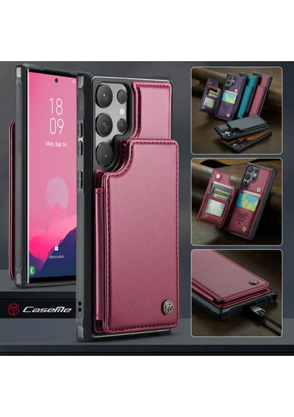 Samsung Galaxy S25 Ultra Kılıf Caseme C22 Serisi Deri+Tpu Kapak Rfıd Engelleme 5 Kart Yuvası-Kırmızı (Yurt Dışından)