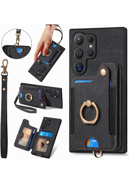 Samsung Galaxy S25 Ultra Retro Pu Deri Arka Kapak Rfıd Engellemeli Kart Tutucu-Siyah (Yurt Dışından)
