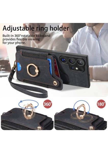 Samsung Galaxy S25 Ultra Retro Pu Deri Arka Kapak Rfıd Engellemeli Kart Tutucu-Siyah (Yurt Dışından)