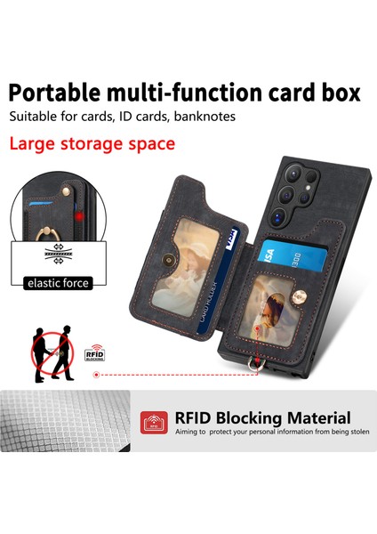 Samsung Galaxy S25 Ultra Retro Pu Deri Arka Kapak Rfıd Engellemeli Kart Tutucu-Siyah (Yurt Dışından)