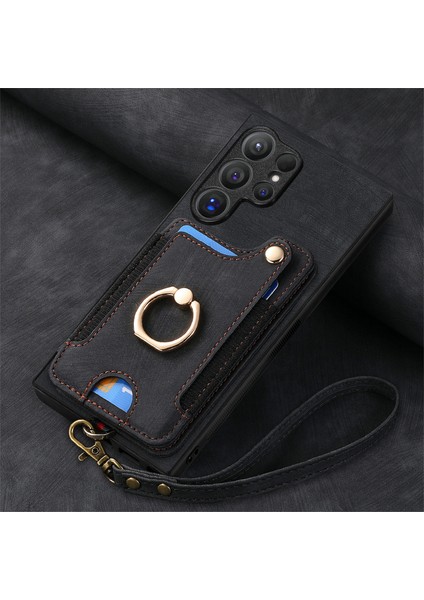 Samsung Galaxy S25 Ultra Retro Pu Deri Arka Kapak Rfıd Engellemeli Kart Tutucu-Siyah (Yurt Dışından)