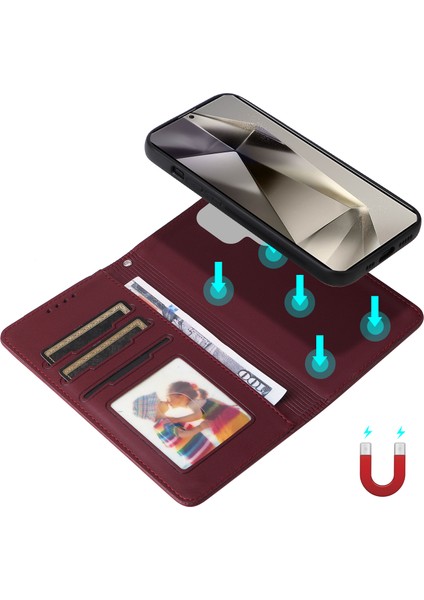 Samsung Galaxy S25 Ultra Standlı Kılıf Pu Deri Cüzdan Telefon Kapağı-Şarap Kırmızı (Yurt Dışından)