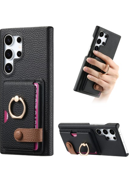 Samsung Galaxy S25 Ultra Deri Telefon Arka Kapak Kart Tutuculu ve Halkalı Kickstand-Siyah (Yurt Dışından)
