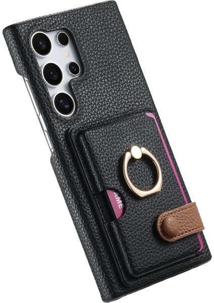 Samsung Galaxy S25 Ultra Deri Telefon Arka Kapak Kart Tutuculu ve Halkalı Kickstand-Siyah (Yurt Dışından)