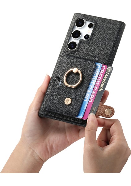 Samsung Galaxy S25 Ultra Deri Telefon Arka Kapak Kart Tutuculu ve Halkalı Kickstand-Siyah (Yurt Dışından)