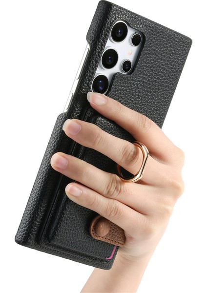 Samsung Galaxy S25 Ultra Deri Telefon Arka Kapak Kart Tutuculu ve Halkalı Kickstand-Siyah (Yurt Dışından)