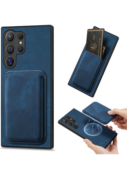 Samsung Galaxy S25 Ultra Kılıf Çıkarılabilir Kart Yuvası ile Retro Deri Tpu Telefon Arka Kapak-Mavi (Yurt Dışından)