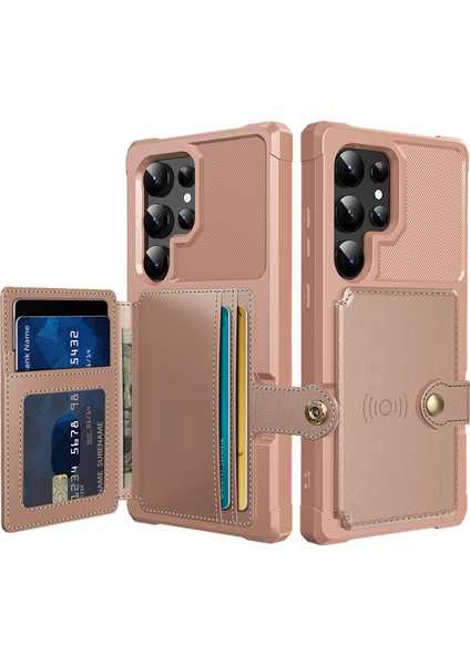 Samsung Galaxy S25 Ultra Kılıf Kart Tutuculu Pu Deri+Tpu Telefon Arka Kapak-Pembe (Yurt Dışından)
