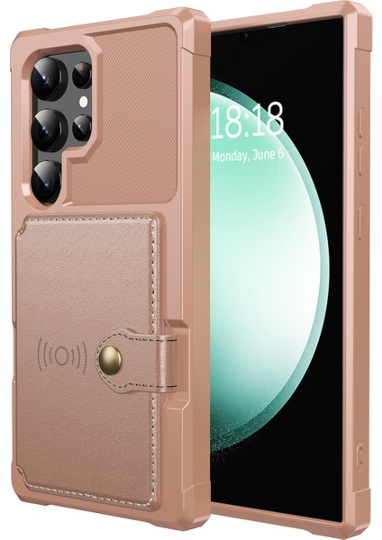 Samsung Galaxy S25 Ultra Kılıf Kart Tutuculu Pu Deri+Tpu Telefon Arka Kapak-Pembe (Yurt Dışından)
