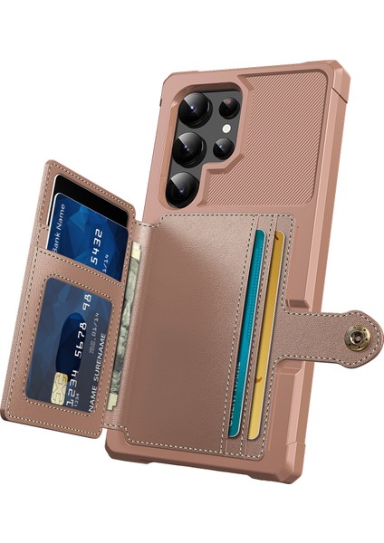 Samsung Galaxy S25 Ultra Kılıf Kart Tutuculu Pu Deri+Tpu Telefon Arka Kapak-Pembe (Yurt Dışından)