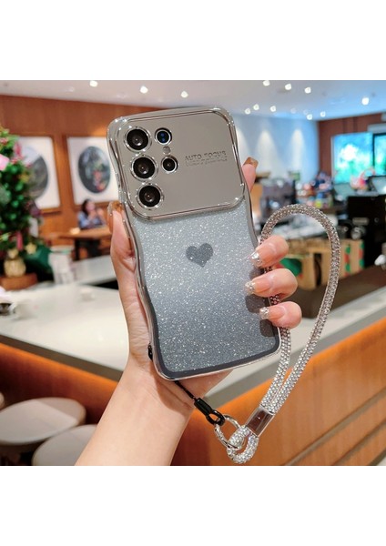 Samsung Galaxy S24 Ultra Için Kılıf Askılı Elektro Kaplama Tpu Telefon Kapağı Aşk Kalp Gradyan Glitter-Gümüş (Yurt Dışından)
