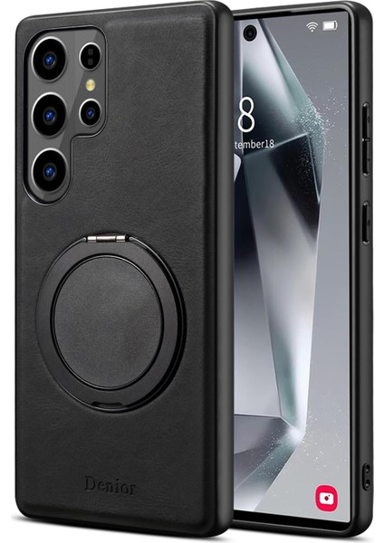 Samsung Galaxy S25 Ultra Manyetik Kılıf Döner Kickstand Deri Pc Tpu Telefon Kapağı-Siyah (Yurt Dışından)