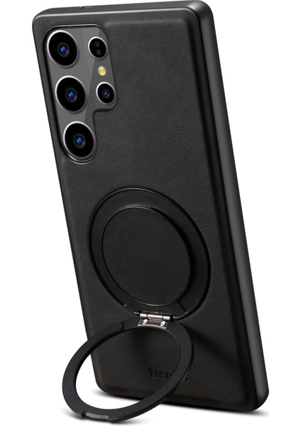 Samsung Galaxy S25 Ultra Manyetik Kılıf Döner Kickstand Deri Pc Tpu Telefon Kapağı-Siyah (Yurt Dışından)