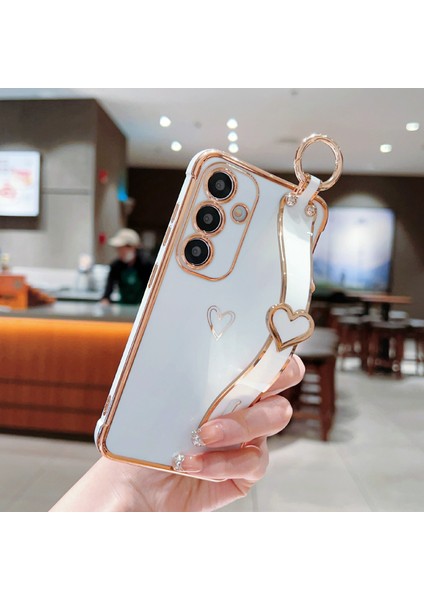 Samsung Galaxy A55 5g Kılıf Elektroliz Kalp Desenli Tpu Telefon Arka Kapak Bileklik Kickstand-Fildişi Beyaz (Yurt Dışından)