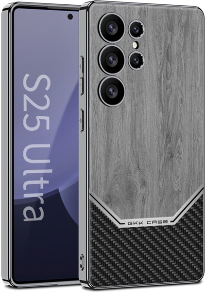 Gkk Samsung Galaxy S25 Ultra Kılıf Elektroliz Pc Tpu Pu Deri Telefon Kapağı Ahşap Tahıl-Gri (Yurt Dışından)