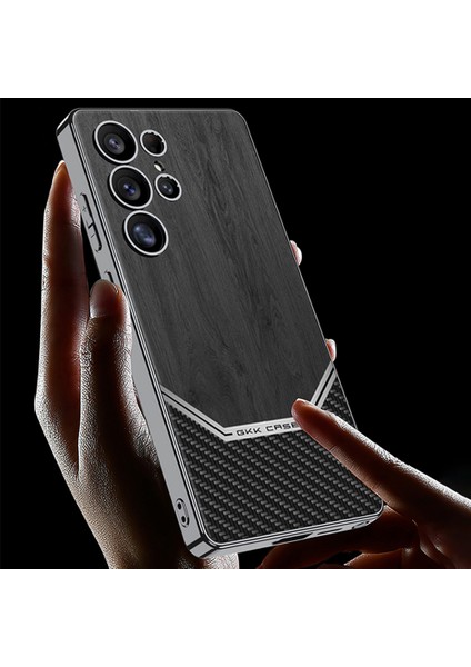 Gkk Samsung Galaxy S25 Ultra Kılıf Elektroliz Pc Tpu Pu Deri Telefon Kapağı Ahşap Tahıl-Gri (Yurt Dışından)
