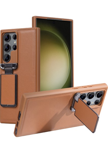 Gkk Samsung Galaxy S24 Ultra Kılıf Lens Kapağı Kickstand Tpu+Pu Telefon Arka Kapak-Kahverengi (Yurt Dışından)