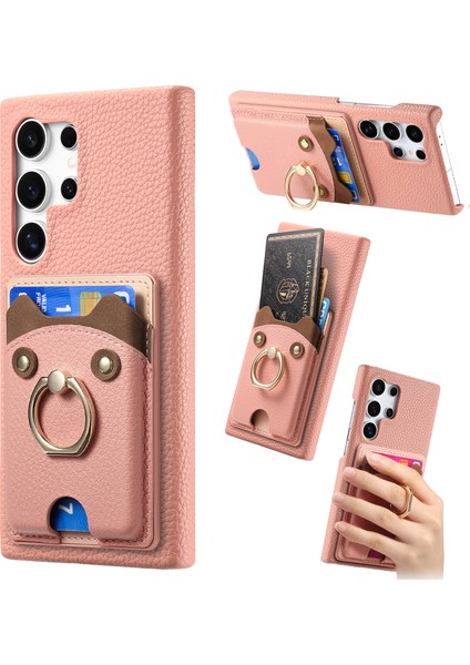 Samsung Galaxy S25 Ultra Pu Deri Telefon Arka Kapak Sevimli Ayı Tasarımlı Kart Tutucu-Pembe (Yurt Dışından)