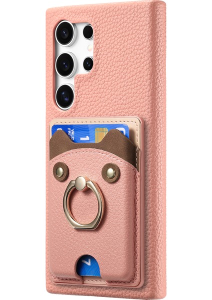 Samsung Galaxy S25 Ultra Pu Deri Telefon Arka Kapak Sevimli Ayı Tasarımlı Kart Tutucu-Pembe (Yurt Dışından)