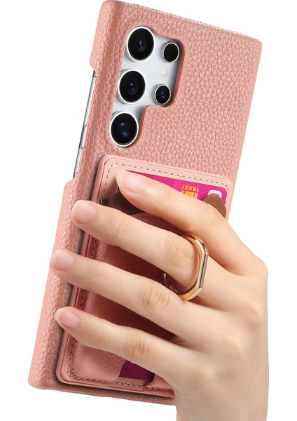 Samsung Galaxy S25 Ultra Pu Deri Telefon Arka Kapak Sevimli Ayı Tasarımlı Kart Tutucu-Pembe (Yurt Dışından)