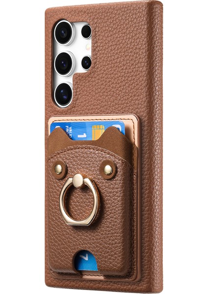 Samsung Galaxy S25 Ultra Pu Deri Telefon Arka Kapak Sevimli Ayı Tasarımlı Kart Tutucu-Kahverengi (Yurt Dışından)