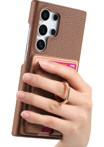 Samsung Galaxy S25 Ultra Pu Deri Telefon Arka Kapak Sevimli Ayı Tasarımlı Kart Tutucu-Kahverengi (Yurt Dışından)
